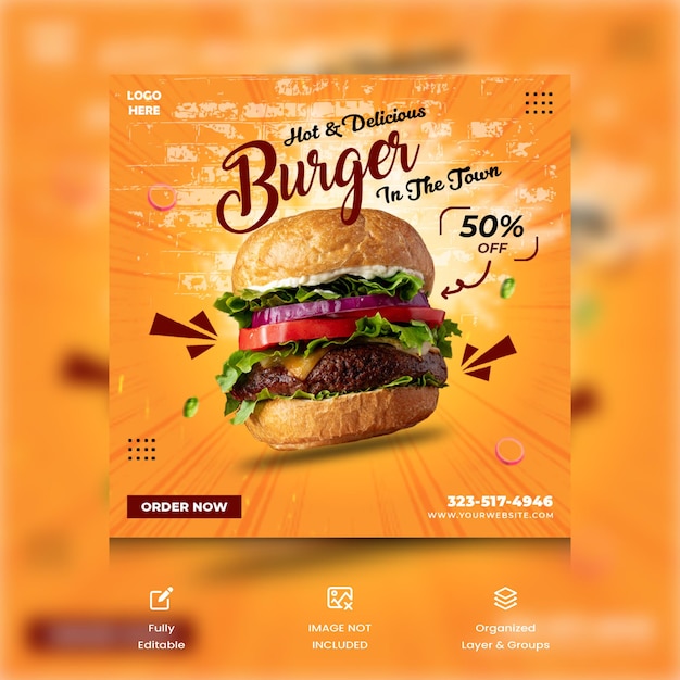 Hot Amp Delicious Burger Bannière De Médias Sociaux Et Modèle De Publication Instagram