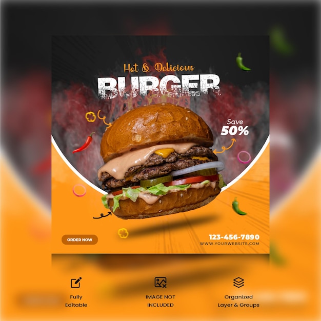Hot amp Delicious Burger Modèle de publication sur les médias sociaux et d'histoires Instagram