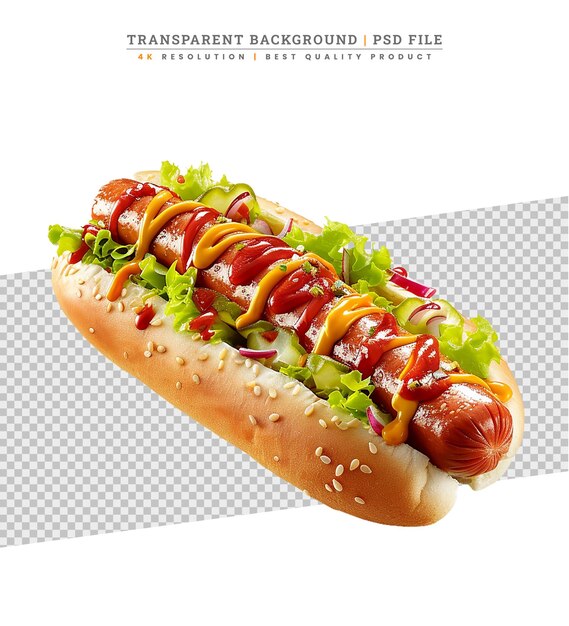 PSD hot-dog avec la laitue et oignon frit sur blanc