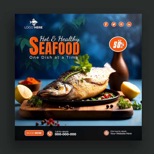 Hot amp sano delizioso pesce di mare fresco banner per i social media post AI generato.