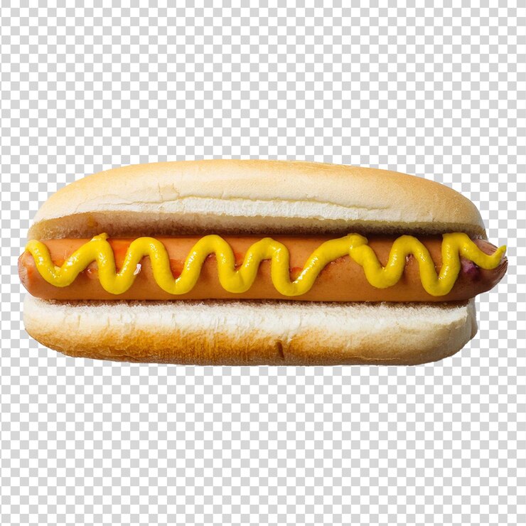Hotdog de comida rápida con salsa de mostaza en un fondo transparente