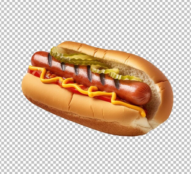 PSD hotdog mit großer wurst und frischer tomate, isoliert auf weißem hintergrund