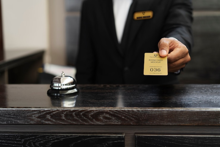 PSD hotelrezeptionistin der vorderansicht, die karte hält