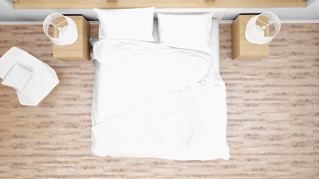 Hotelzimmer oder Schlafzimmer mit Doppelbett, Draufsicht