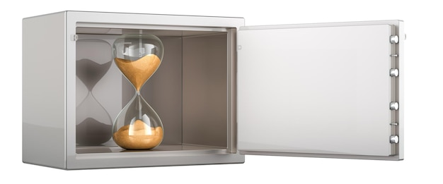 Hourglass inside safe with combination lock 3D rendering isolated on transparent background