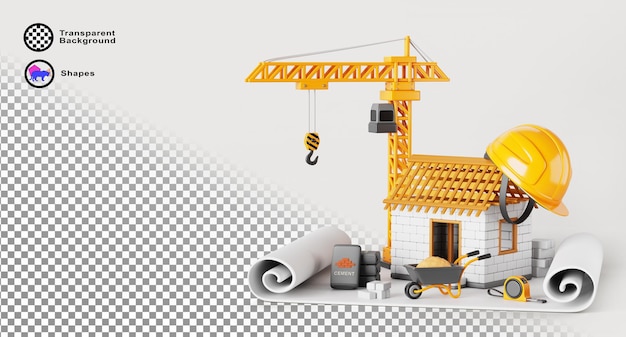 House construction site on architecture project roll Building exterior with engineer helmet on roof crane stack of brick cement bags wheelbarrow tape measure on paper blueprint