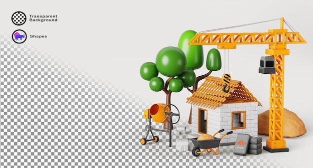 House construction site with tower crane Cartoon render landscape of block building exterior with wooden roof concrete mixer cement bags stack of bricks wheelbarrow and sand pile