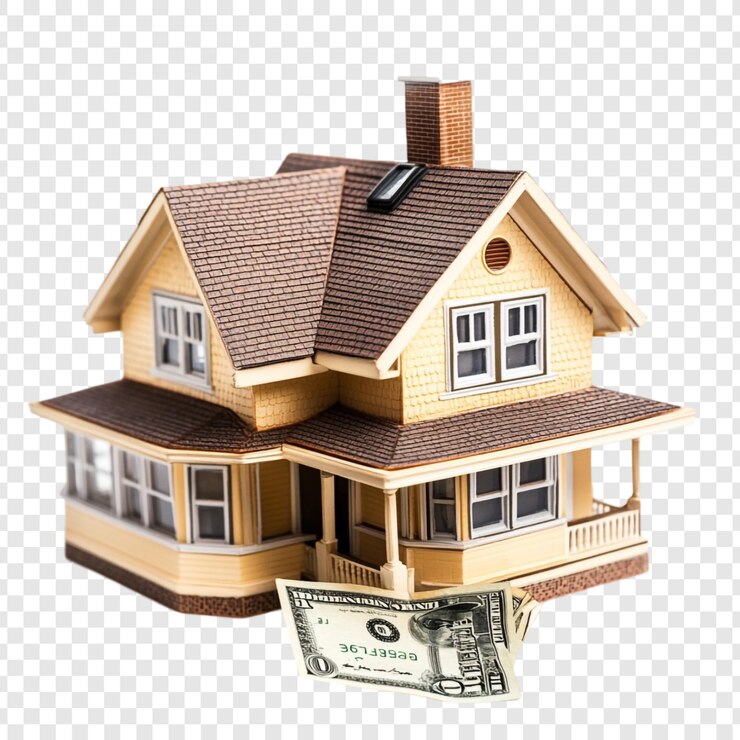 PSD house model with ten dollar bill underneath signifying home cost or down payment for a new home purchase