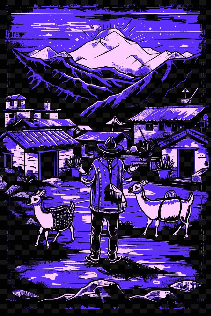PSD huayno singer en una aldea andina peruana con casas de adobe ilustración diseños de carteles musicales