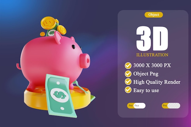 PSD hucha de ilustración 3d y dinero 2