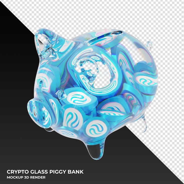 PSD hucha de vidrio inyectiva inj con ilustración 3d de monedas criptográficas