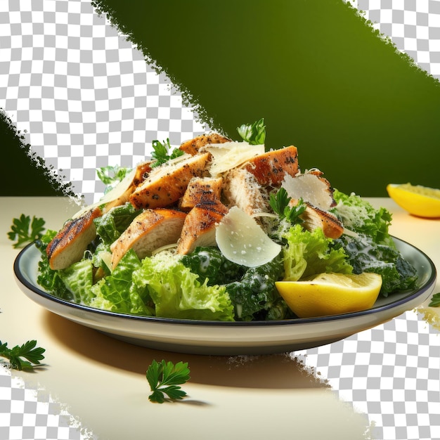 Hühnchen-caesar-salat serviert auf einem weißen teller mit transparentem hintergrund