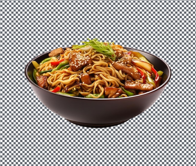 Hühner-chowmein in einer schüssel, isoliert auf durchsichtigem hintergrund