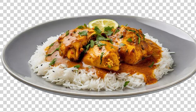 PSD hühner-tikka-masala mit reis auf einem teller, der auf einem durchsichtigen hintergrund isoliert ist