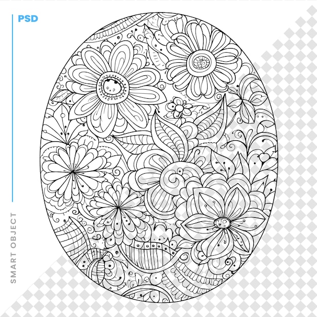 PSD huevo de pascua con flores de garabato ilustración vectorial para libro de colorear