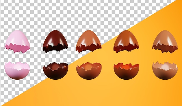 Huevos de chocolate set 3d render tratar para pascua huevos de chocolate rotos dulces con una sorpresa