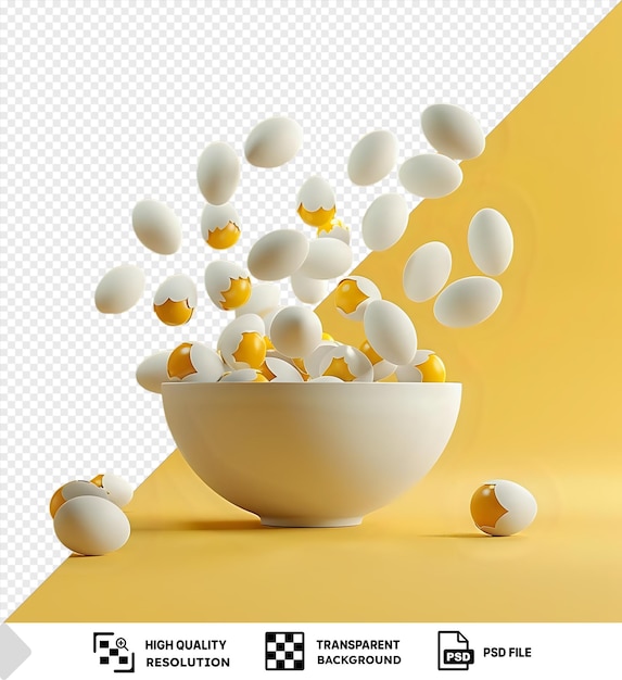 Huevos impresionantes volando en un cuenco aislado en fondo amarillo png