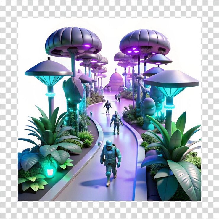 PSD huevos luminescentes camino forestal plantas bioluminescentes futuristas y pasarela