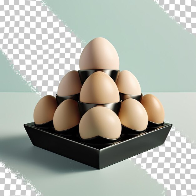 PSD huevos negros en pirámide en bandeja de metal o cartón aislados sobre un fondo transparente para huevos de pascua o de desayuno