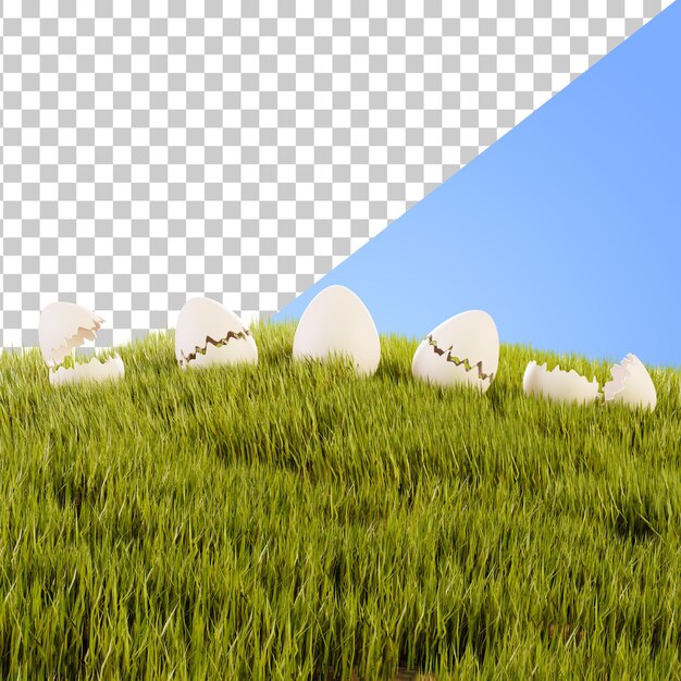 Huevos de Pascua en un campo de hierba Huevo roto en la hierba Representación 3d Tarjeta de felicitación de Pascua