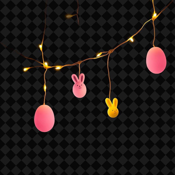 PSD huevos de pascua y conejitos decorativos de cuerda luces de neón pastel suaves crean un ambiente de pascua caprichoso