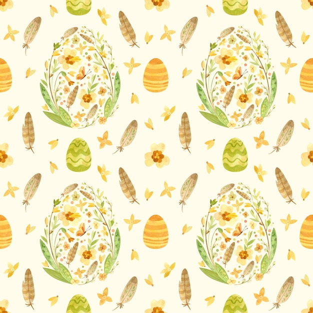 Huevos de Pascua sin costuras, plumas de sauce y flores de primavera, acuarela verde y naranja