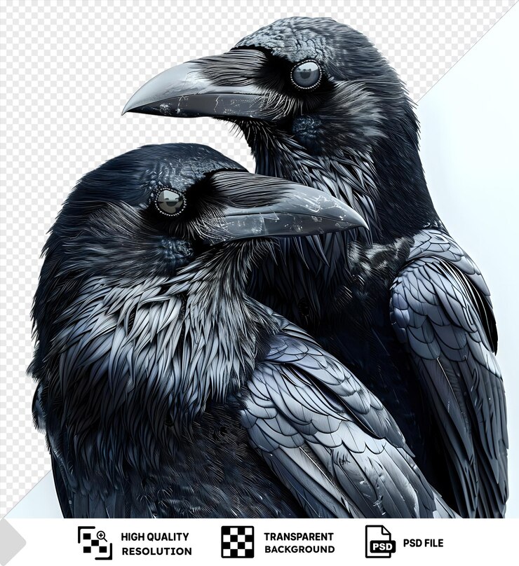 PSD huginn y muninn aves del mito nórdico se enfrentan en una escena mística con plumas en primer plano