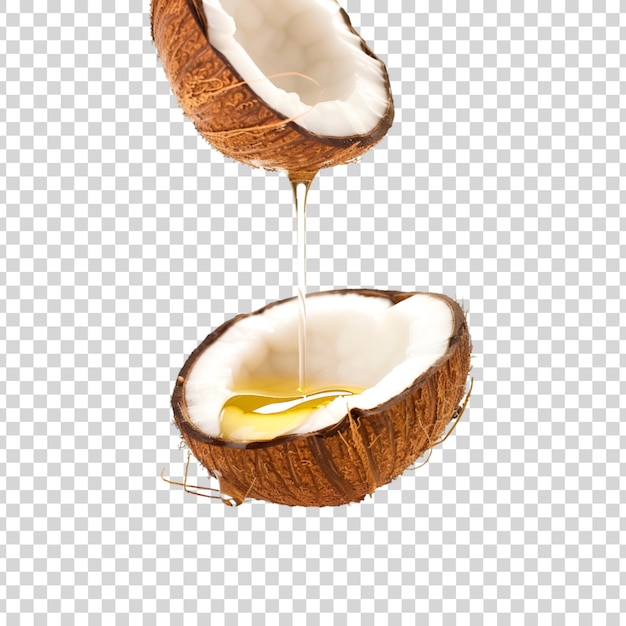 Huile de coco qui coule d'une noix de coco coupée en deux sur un fond transparent