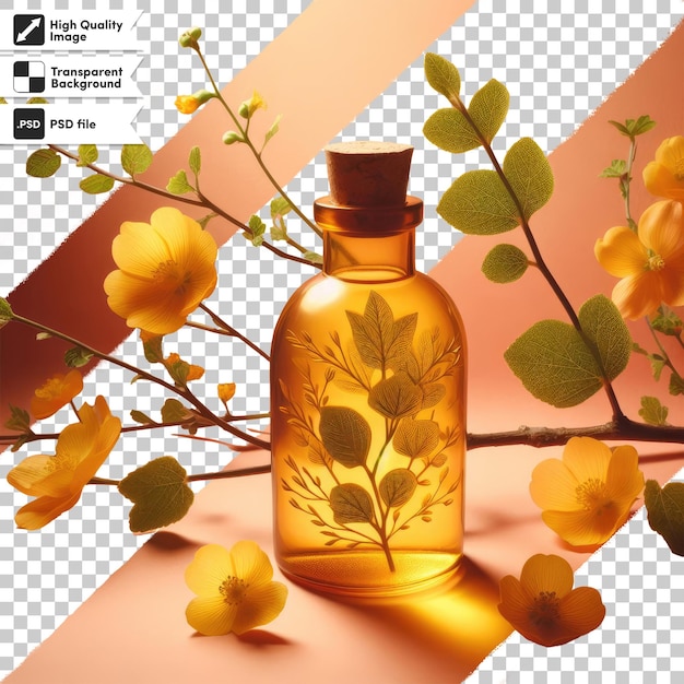 PSD huile essentielle jaune psd avec des fleurs sur fond transparent