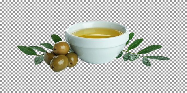 PSD huile d'olive dans un bol avec des feuilles vertes isolées sur fond transparent