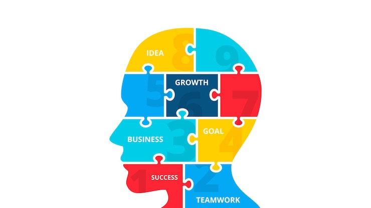 PSD human head divided into 9 colorful jigsaw puzzle pieces concept of business thinking infographic