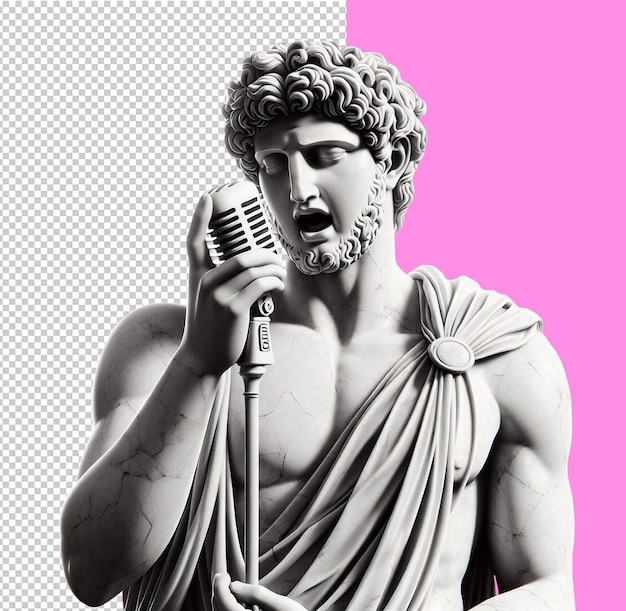 PSD human sculpture statue singing with a microphone on a transparent background