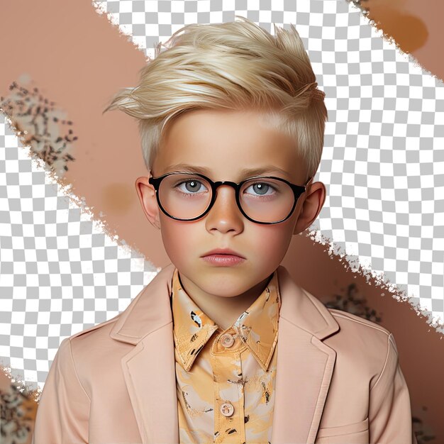 PSD un humble child avec des cheveux blonds de l'ethnie mongole vêtu d'une tenue de blogueur pose dans un style focused gaze avec des lunettes sur un fond d'abricot pastel