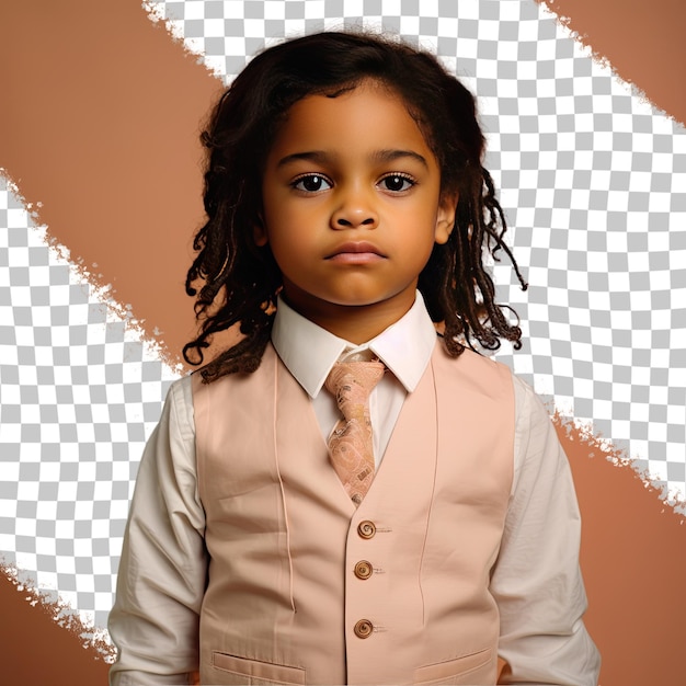 PSD un humble enfant d'âge préscolaire avec les cheveux longs de l'ethnie afro-américaine habillé en participant à des pièces de théâtre pose dans un style back to camera avec la tête tournée contre une pêche pastel