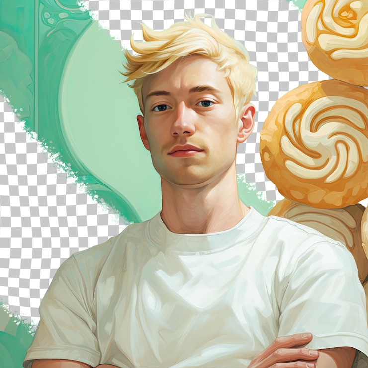 Un humble homme adulte aux cheveux blonds de l'ethnie d'Asie du Sud-Est vêtu d'une tenue de pâtisserie pose dans un style Sideways Glance sur un fond de menthe pastel