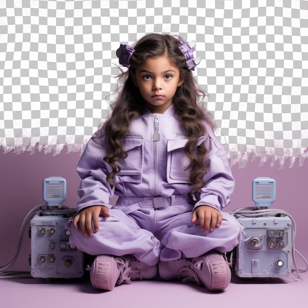 PSD humilde chica asiática estilo electricista cabello ondulado cruz sentada con las piernas en pastel lila