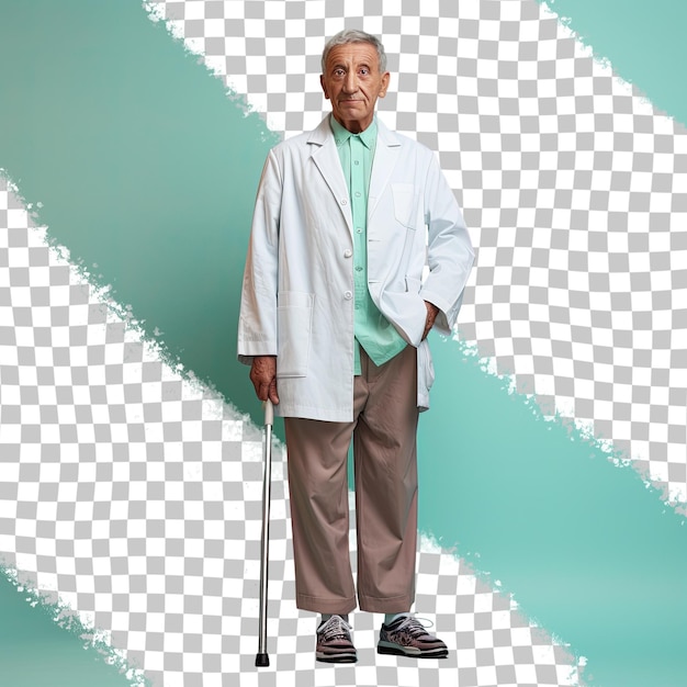 Un humilde hombre mayor con cabello corto de la etnia de Oriente Medio vestido con traje de técnico de uñas posa en un estilo de pie con un pie hacia adelante contra un fondo de menta pastel
