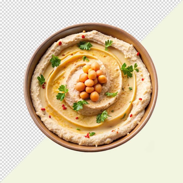 PSD hummus alimentare in ciotola di legno isolato in psd trasparente