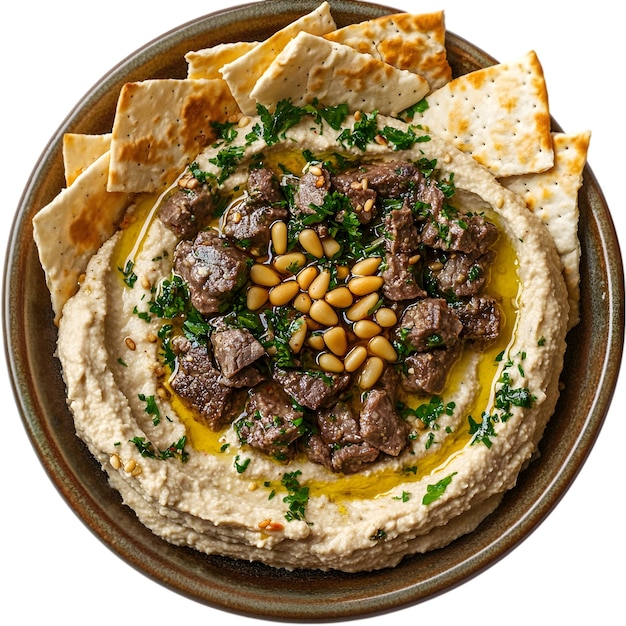 Hummus de cordero con nueces de pino
