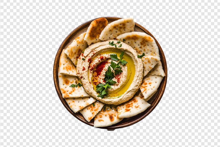 PSD hummus con tortillas y perejil sobre un fondo transparente
