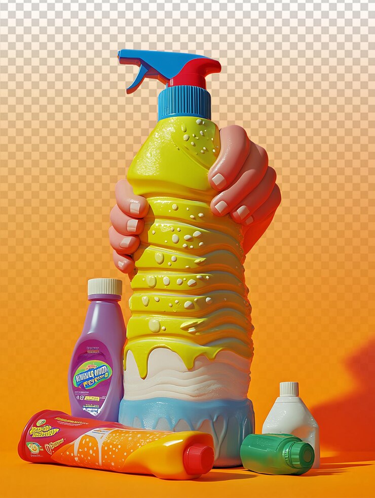 PSD humorística botella gigante de blanqueador entre los suministros de limpieza