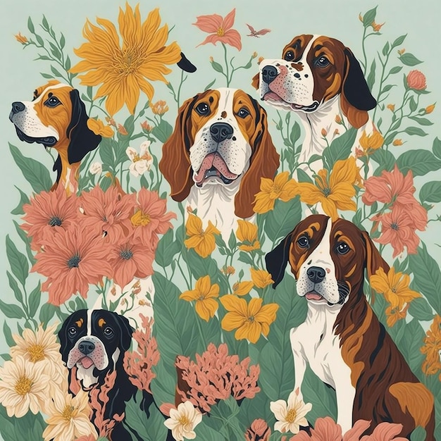 Hund mit blumen im bunten hintergrund