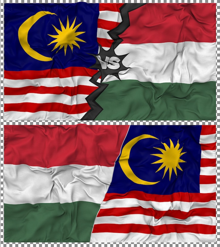 PSD hungary vs malaysia half combined flag cloth bump texture 3d rendering