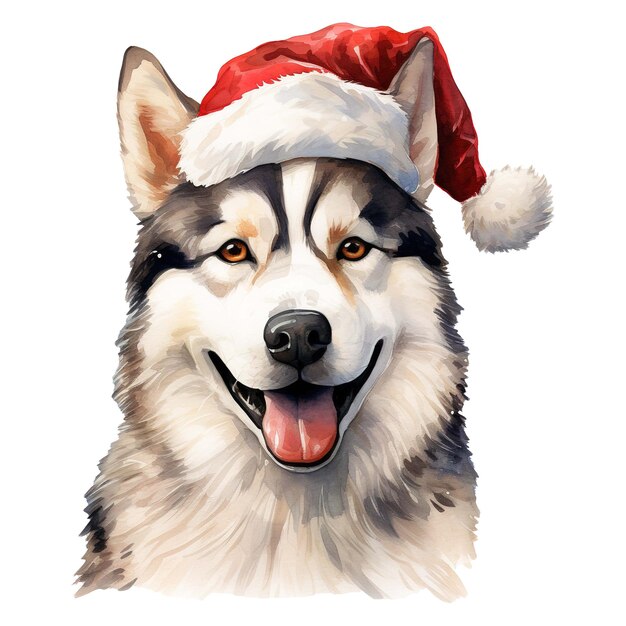 PSD husky siberiano com um chapéu de papai noel na cabeça