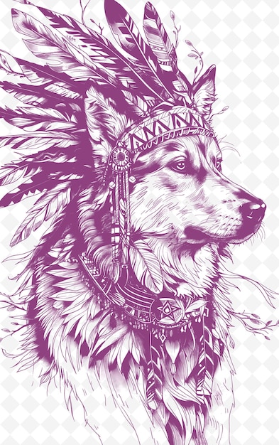 PSD husky sibérien avec une coiffure amérindienne à l'aspect de spirale animaux sketch art collections vectorielles