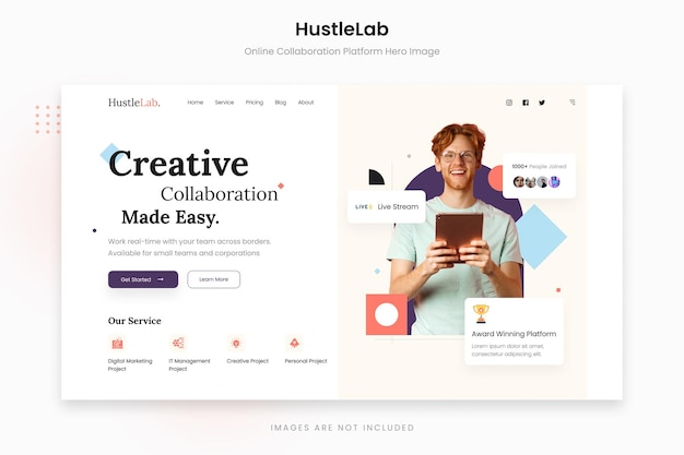 PSD hustlelab – heldenbild der einfachen kreativen online-kollaborationsplattform