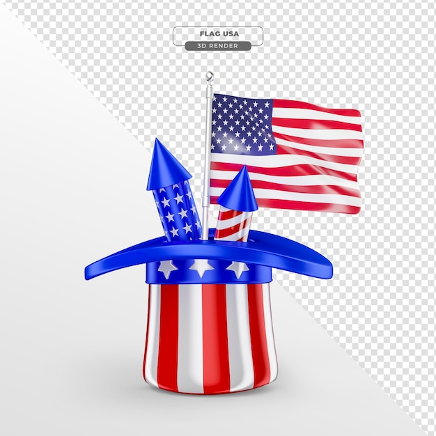 PSD hut und flagge in 3d rendern den amerikanischen unabhängigkeitstag