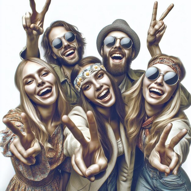 Hyper realisitc arte vectorial colorido feliz riendo hippie pacífico grupo de paz bailando tatuaje