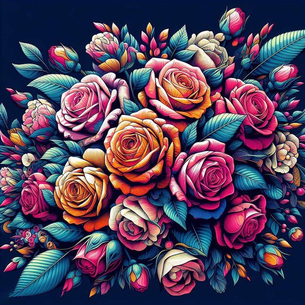 PSD hyper realisitc arte vectorial día de san valentín festivo colorido ramo de rosas flores fondo aislado