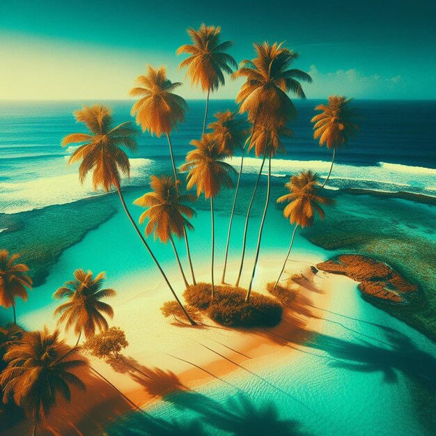 PSD hyper realisitc arte vectorial palma de coco escena de playa al atardecer en el caribe fondo de papel de pared